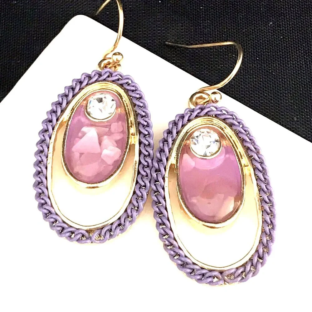 New Purple Enamel Earrings Gold Tone Crystal Dangle Women's - 1K